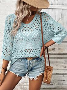 Breezaya Blusa holgada de mujer de manga 3/4 con diseño calado de punto - Azul - Ver 3