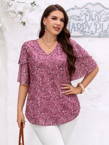 Miaspire 大码女式V领短袖印花荷叶边袖束腰上衣，夏季女装，夏季度假，女士度假装，简约时尚，日常穿着 - 彩色 - 查看 8