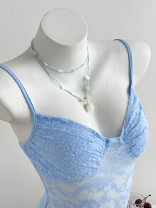 Flirla Women's Casual Summer Vacation Blue Sheer Sexy Lace Bodysuit Tops For Women Summer Cute Lace Cami - Baby Blue - View 1