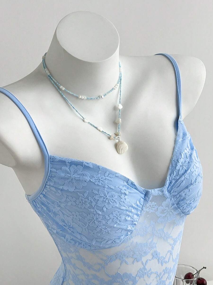 Flirla Women's Casual Summer Vacation Blue Sheer Sexy Lace Bodysuit Tops For Women Summer Cute Lace Cami - Baby Blue - View 1