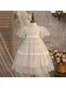 Young Girl Elegant Floral Print Mesh Short Sleeve Dress - Apricot - View 3