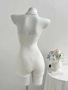 Elamini Bộ jumpsuit nữ in họa tiết Paisley, cổ chữ V khoét sâu, lưng chéo, chất liệu chun co giãn, thích hợp cho tiệc tùng phong cách Bohemian, mùa hè. - Màu be - Xem 2