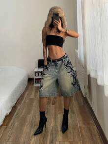 StreetHx Pantalones cortos vaqueros holgados de pierna ancha con bolsillos estampados para mujer - Azul - Ver 5