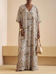 Vesra Đầm Bohemian dáng rộng cổ chữ V sâu in họa tiết dành cho nữ - Nhiều màu - Xem 1