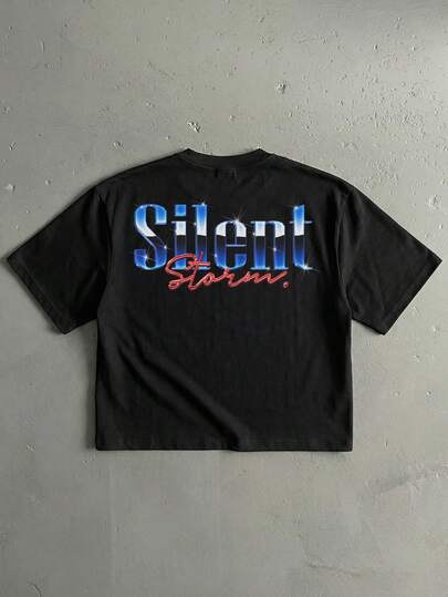 StoneGrade 复古美式金属质感海报字体时尚印花男士黑色短款宽松短袖T恤，约会聚会必备，时尚百搭，适合送给男友