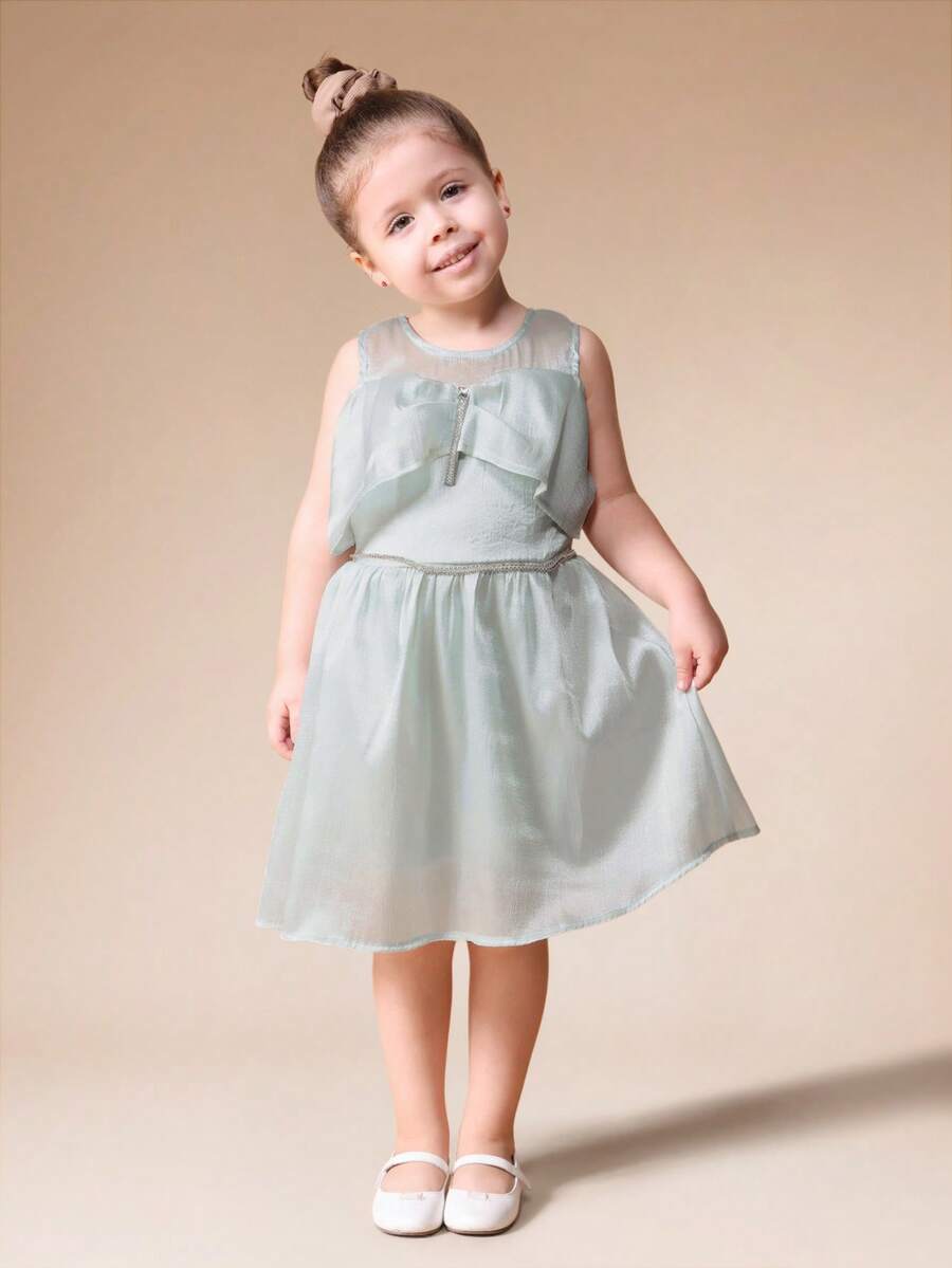 SUMWON Girls Sleeveless Chiffon A-Line Dress With Bow Detail And Waist Tie Perfect For Special Occasions Wedding Parties Birthday Celebrations Holiday Events - Green - View 1