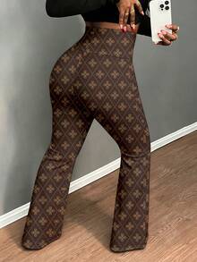 Slaydiva 大码女式花卉卡通熊印花不对称腰部喇叭裤泰迪熊印花裤女裤女式高个长裤女式喇叭裤图案裤 - 彩色 - 查看 2