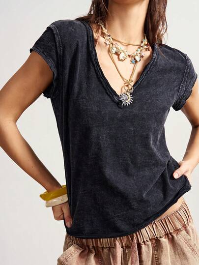 Bohemela Women's Casual Solid Color V-Neck Short Sleeve Washed T-Shirt
