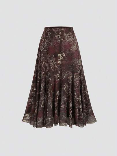 Sweetra Nuevos atuendos de Año Nuevo, Halloween, Navidad y Acción de Gracias para mujeres, adecuados para fiestas, ir al trabajo, uso diario, viajes y vacaciones. Faldas impresas multicolor, falda marrón, falda de playa, falda asimétrica vintage de corte A con estampado floral para vacaciones