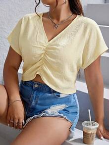 SHEIN EZwear Plus Size Women V-Neck Ruched Short Sleeve Cropped Shirt - Apricot - View 5