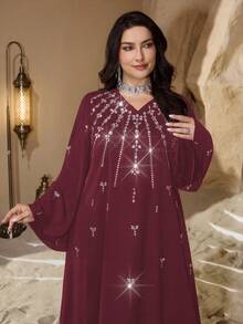 Al Najma Elegant Loose Fit Rhinestone Embellished V-Neck Long Sleeve Dress, Comfortable Shiny Fabric, Suitable For Formal Occasions, Plus Size - Burgundy - View 7
