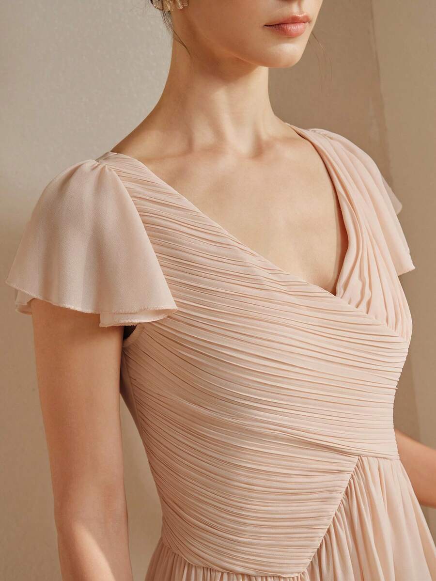 Anewsta Women's Short Dress With Deep V-Neck, Ruffle Shoulder Sleeves, Gathered Waist, Asymmetric Fishtail Hem, Elegant For Party And Vacation - Pink - View 1
