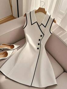 GlowEve 女士翻领V领无袖褶皱腰部A字优雅夏季连衣裙 - 白色 - 查看 1