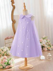SHEIN Vestido casual de unicolor con cuello Peter Pan y patchwork de malla para niña joven, vestido de fiesta y cóctel para niñas jóvenes, vestidos elegantes, color lavanda para niñas - Púrpura malva - Ver 8