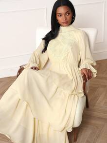 Lilora Women's Contrast Lace Stand Collar Ruffle Hem Elegant Dress - Apricot - View 7