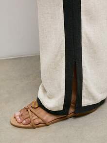 Maija 卡其色女士宽松长裤，黑色滚边，适合度假穿着 - 黑與白 - 查看 7