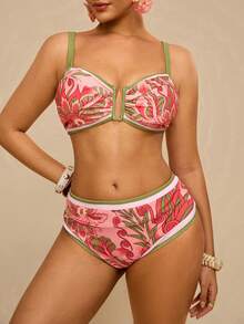 Travachic 大码女式夏季沙滩印花休闲比基尼三角裤泳衣套装 - 粉色 - 查看 1