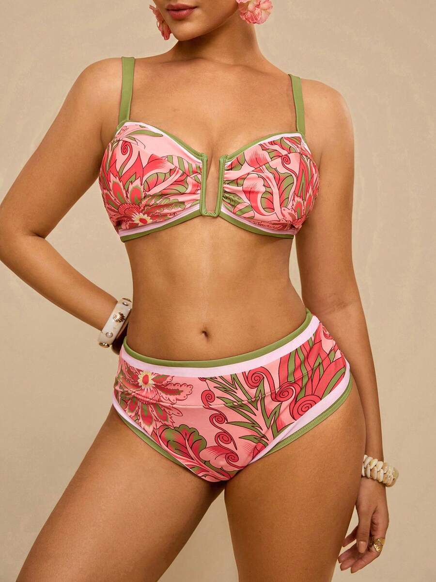 Travachic 大码女式夏季沙滩印花休闲比基尼三角裤泳衣套装 - 粉色 - 查看 1