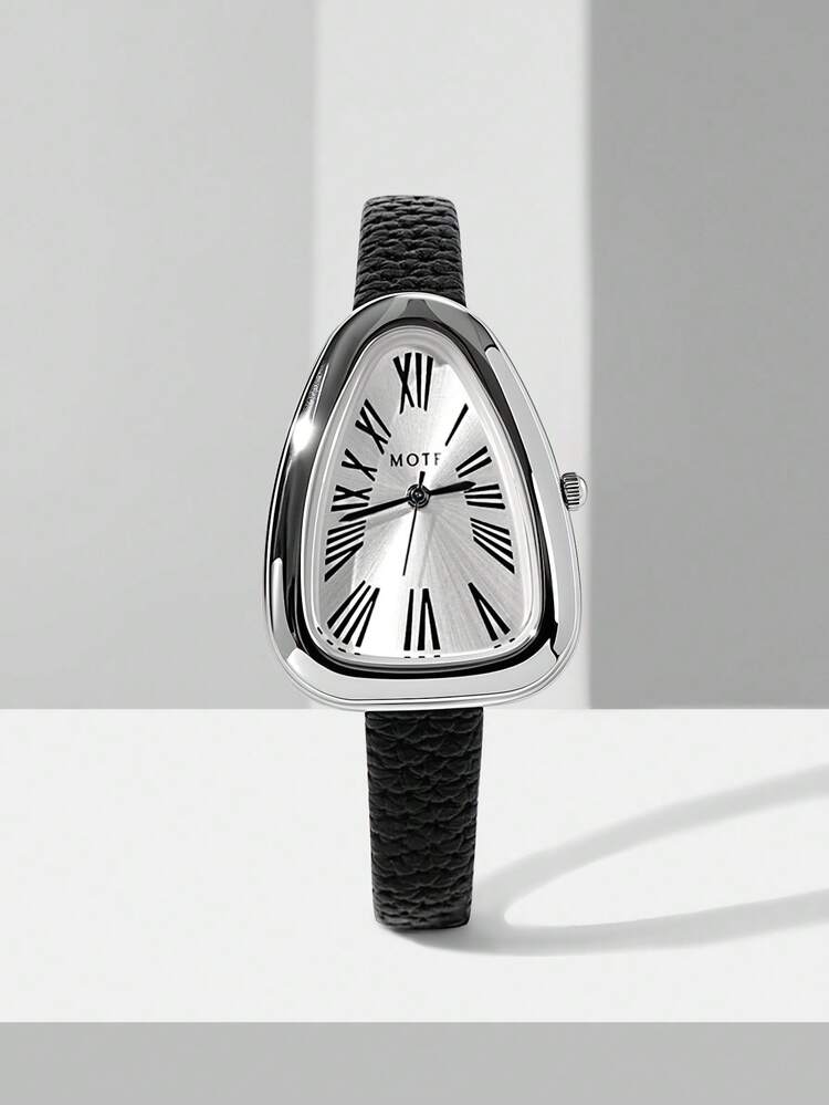 A SMALL WATCH WITH AN OVAL SHAPE, SILVER DIAL, AND ROMAN NUMERAL MARKINGS