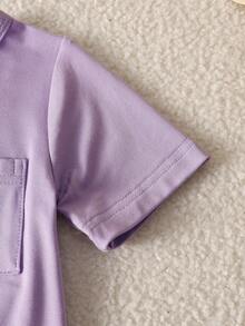 SHEIN Playful Pals 女婴纯色口袋圆领短袖T恤和格子裤套装 - 淡紫色 - 查看 7