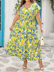 SHEIN CURVE+ Curve 尺码 US22 音乐节、海滨度假、波西米亚风女士优雅褶皱短袖弹力腰水果印花连衣裙，春夏沙滩度假连衣裙，沙滩装 - 黃色 - 查看 7