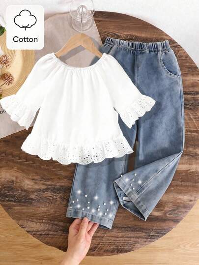 SHEIN 2pcs/Set Tween Girls Ruffle Trim Off-Shoulder Top & Pearls Embellished Denim Pants, Cute Outfit For Summer Casual Wear Summer Holiday