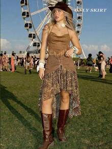 SHEIN MOD Women's Summer Fashion Animal Print Patchwork Asymmetric Hem Skirt - Coffee Brown - View 2