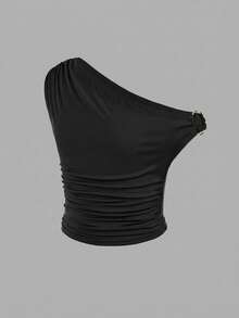 SHEIN Camiseta corta ajustada sin mangas con hombro asimétrico oblicuo y fruncido lateral para niña preadolescente - Negro - Ver 4