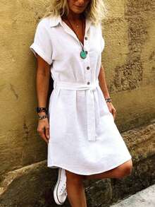 Linavere Women's Fashionable Elegant Turndown Collar Button Dress With Belt - Commuting Casual Style - Short Sleeve White Dress, Spring/Summer - White - View 4