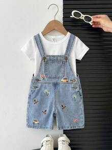 SHEIN 男童汽车和棕榈树卡通印花蓝色牛仔背带短裤 - 淺色水洗藍 - 查看 4