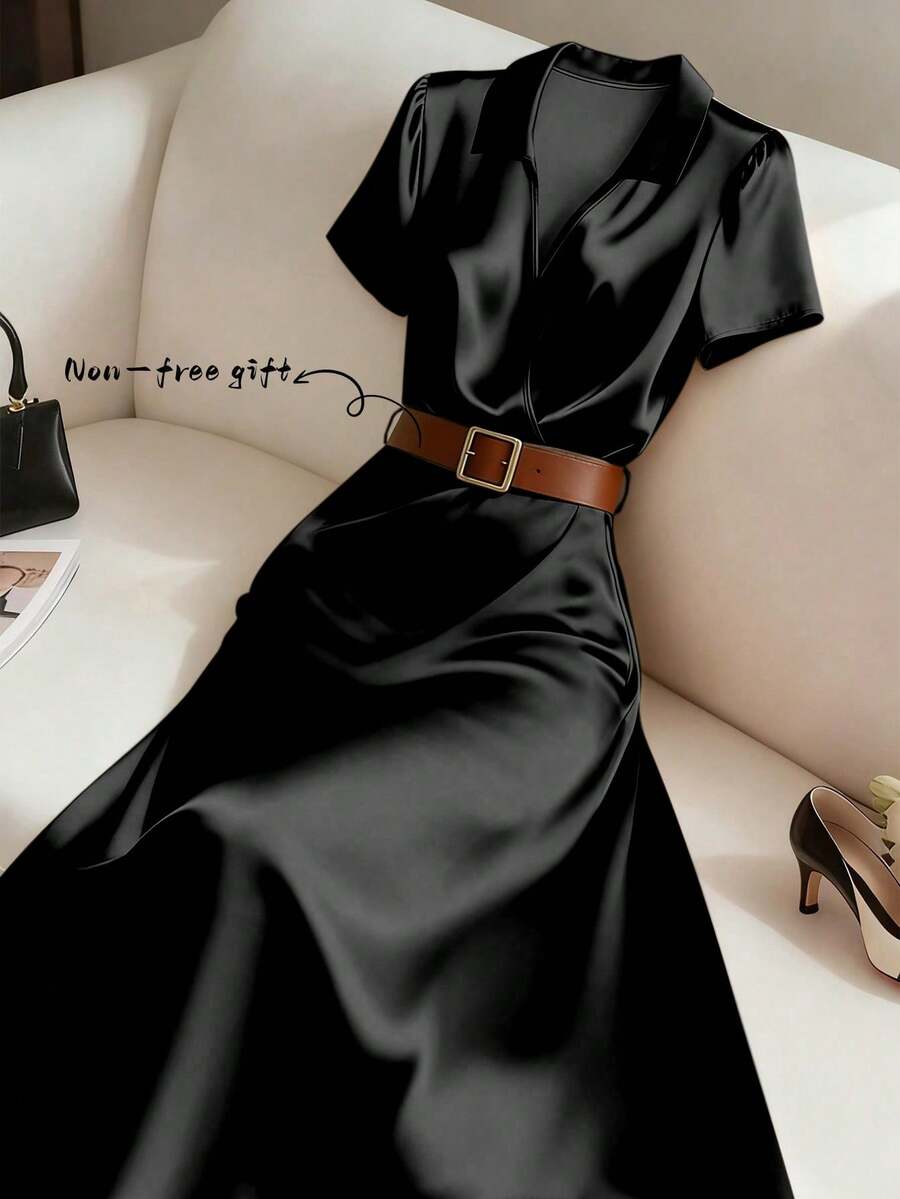 GlowEve Women's Solid Color Short Sleeve Elegant Commuter Midi Dress - Black - View 1