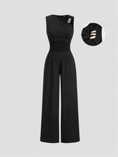 Sweetra Mono elegante de mujer de primavera/verano con cuello asimétrico, hebilla de metal decorativa, sin mangas, cintura fruncida, pierna acampanada y estilo versátil para ir al trabajo