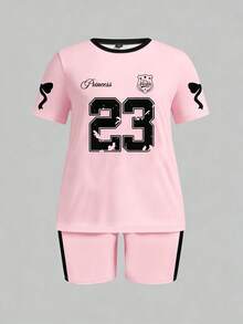 Slaydiva Plus Size Summer Casual Bow & Numeric Print T-Shirt And Shorts 2pcs Set - Baby Pink - View 3