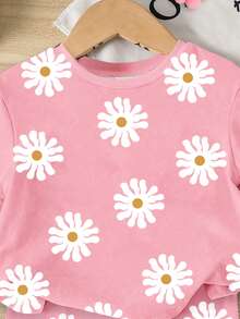 SHEIN 两件套女童粉色休闲甜美度假风雏菊印花圆领短袖T恤和针织修身短裤套装，女童休闲舒适T恤套装日常穿搭，夏季 - 彩色 - 查看 5