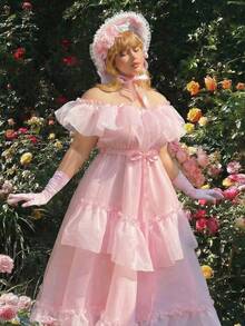 Lyrianda 大码露肩荷叶边腰身A字蛋糕裙，优雅复古可爱，适合派对、婚礼，欧根纱蓬蓬长裙，长款，超长款，A字裙，粉色 - 粉色 - 查看 3