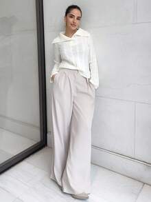 Marta Soriano 女士时尚宽松针织图案纽扣半开襟长袖毛衣，秋冬款 - 白色 - 查看 1