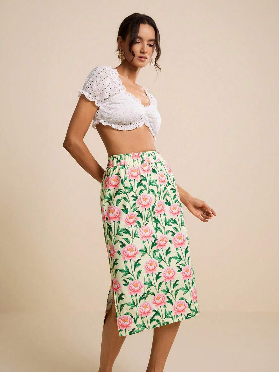 LOTSLUV 女士春夏粉色碎花印花半身裙，侧开衩 - 綠色 - 查看 1