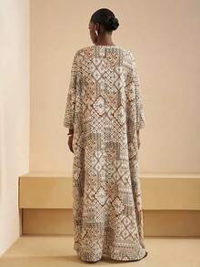 Vesra Đầm Bohemian dáng rộng cổ chữ V sâu in họa tiết dành cho nữ - màu nâu - Xem 2