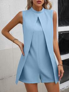 EMERY ROSE 女士纯色极简无袖连体裤，日常穿着 - 淺藍色 - 查看 7