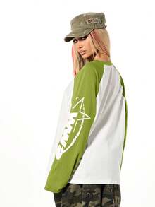SUMWON WOMEN Raglan Long Sleeve Tee With Graphic Print Design Casual Comfort Fit - Green - View 2