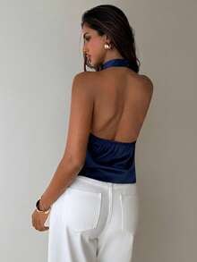 Aloruh Women's Solid Color Elegant Backless Halter Neck Blouse, Suitable For Party, Commute And Vacation,Summer Top - Navy Blue - View 2