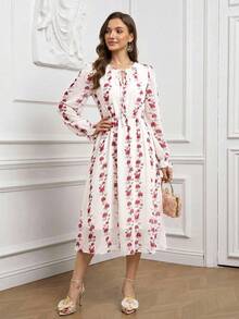 Ellevyn 女士碎花系领长袖优雅中长连衣裙 - 杏色 - 查看 9