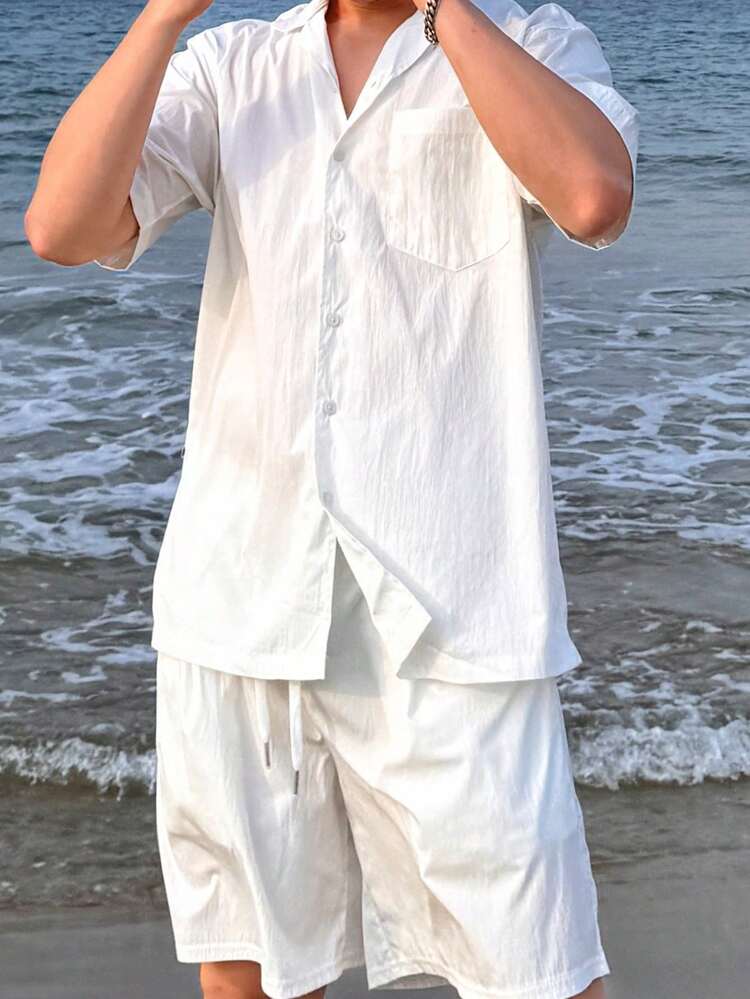 Men's Solid Color Short Sleeve Shirt And Shorts Set, Summer