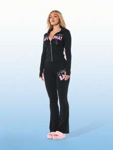 BABYPHAT Women Little Pink Slogan Jersey Flare Leg Black Leggings Retro Streetwear Bottom Casual Fall Winter Y2K Style - Black - View 4