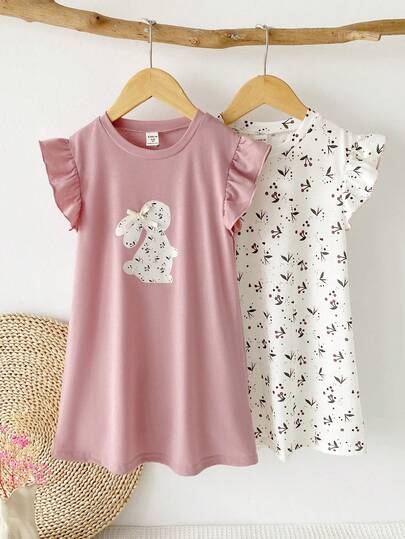 Genkimix Kids Bộ 2 món đồ ngủ và áo mặc nhà tay ngắn, viền bèo cho bé gái, thích hợp cho mùa xuân/hè.