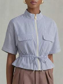 Aveloria Modichic Fashionable Short Utility Shirt With Two Symmetrical Chest Pockets, Cinched Waist Design, Overall Neat And Practical - Blue - View 5