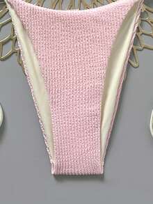 Swim Mod 2026 Spring/Summer Beige Spaghetti Strap Halter Neck Pink Pleated Textured Fabric Side High Cut Women's Bikini 2-Piece Set - Pink - View 4