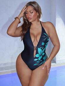 Swim SXY 大码女士新款连体泳衣，优雅数码定位印花，性感深V领，高端金属配饰，可拆卸衬垫胸罩，颈肩带，丁字裤底设计，休闲时尚海滩度假泳装 - 彩色 - 查看 3