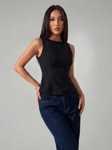 SHEIN PETITE 女式夏季时尚设计师黑色上衣 - 黑色 - 查看 3