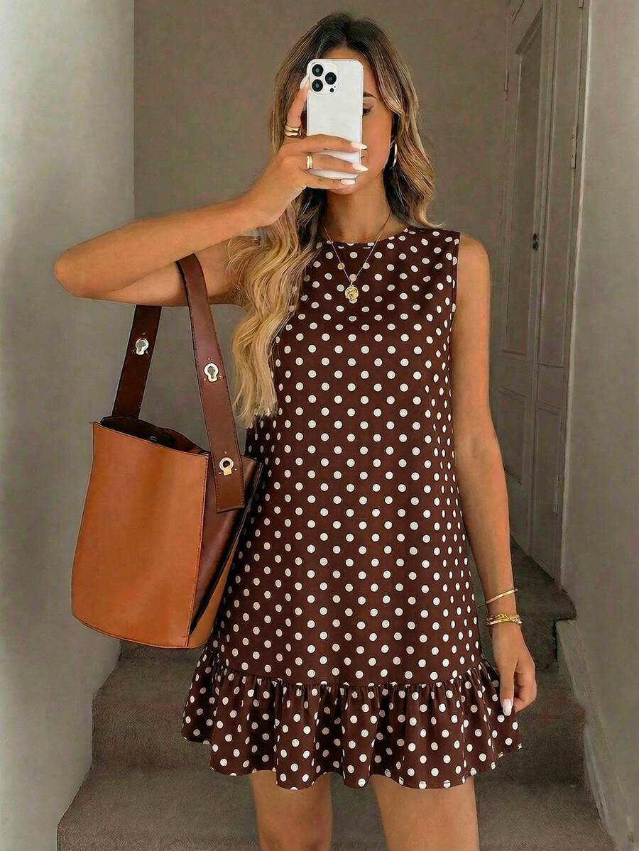 Easowa Women's Summer Casual Brown And White Polka Dot Tea Party Mini Dress,Bohemian Elegant Retro Print Pattern,Suitable For Beach Vacation Outfits - Multicolor - View 1